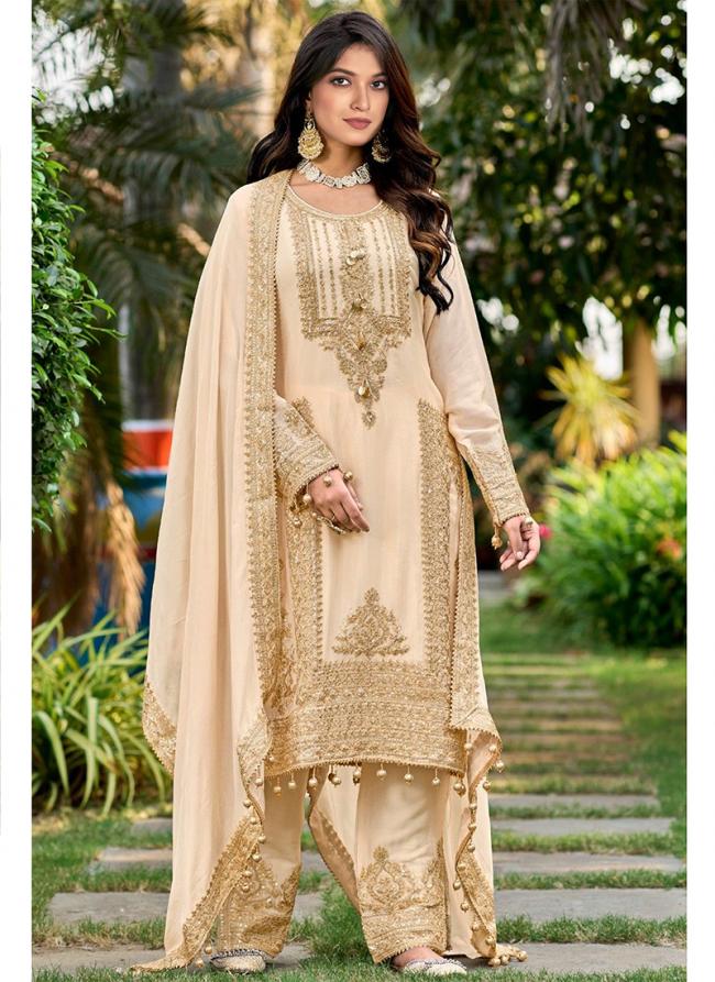 Pure Chinnon Beige Wedding Wear Sequins Work Plazzo Suit